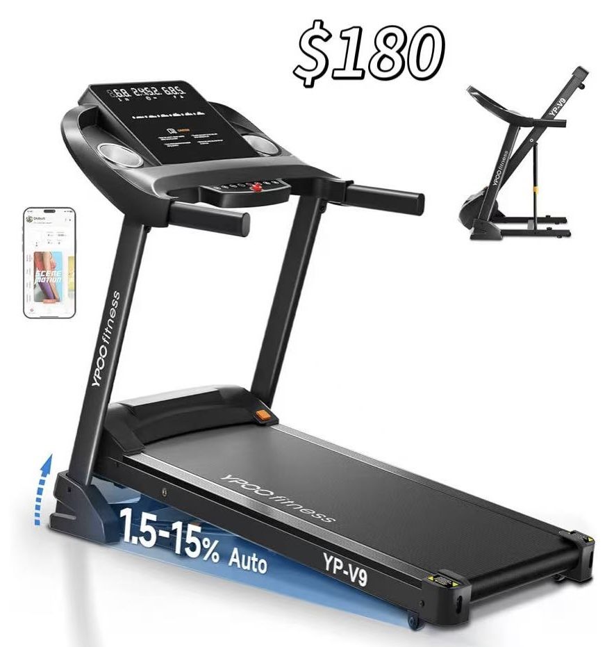😀 YPOO Fitness Treadmills for Home with Incline, Auto Foldable Running Treadmills, 8.0 MPH Walking Pad Treadmill with Bluetooth, 300 lbs Weight Capac