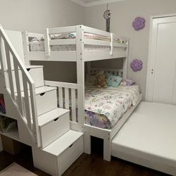 Twin Over Full Bunk Bed With Trundle And Staircase White