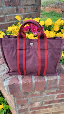 Hermes Burgundy Fourre-Tout PM Canvas Tote 