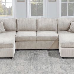 3-Piece Sectional Set- RAF/LAF Chaise + Armless Loveseat (Armless Chair x 2) + Throw Pillows x 2 - Ivory 