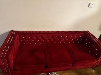 Red Velvet Tufted Sofa with Nailhead Trim