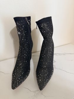 ISNOM Ankle RHINESTONE Boots for Women with Chunky Heel, Pointed Toe, Side Zipper Black