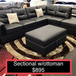 New Leather Sectional With Storage Ottoman 