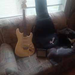 Older Squier Great Condition Couple Chips Newer Loaded Pickups Better Than Original New Newer Strings Ready To Rock Great Little Guitar