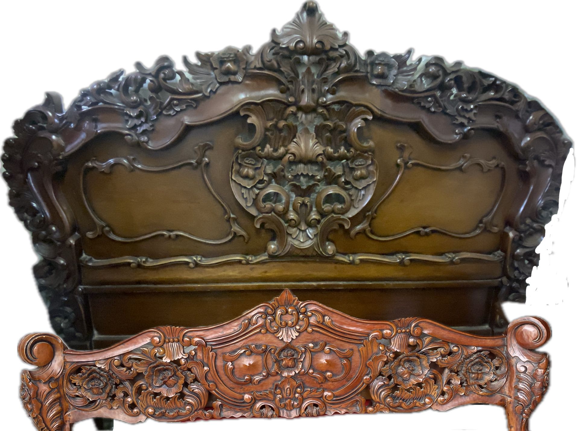 French Rococo Carved Mahogany Queen Bed