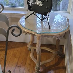 Round Custom Antique Wood Table With Glass Top
