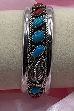 Navajo Sterling Silver Turquoise & Coral Cuff Bracelet 6” w/1” Opening