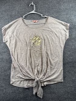 Womens L Gray Pineapple Rhinestone Tie Front Top Short Sleeve