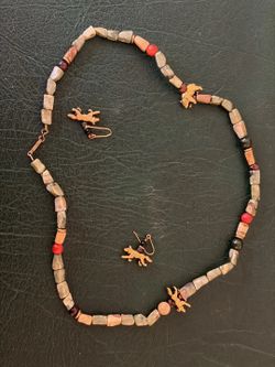 PRE-Colombian style Stone bead necklace with animal pendant and matching earrings