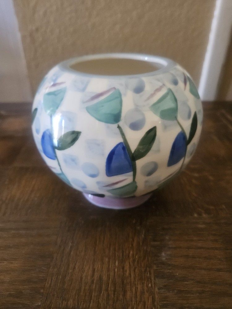 Anthropologie Ceramic Sphere with Blue and Green Floral Design Container