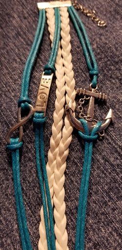 Blue & White Leather Silver Color Charms  Bracelet