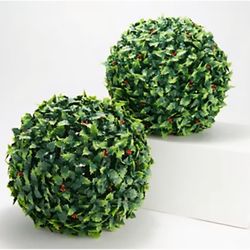 2 Wicker Park 13" Holly Leaf Spheres Faux Flower Indoor Outdoor Garden NIOB