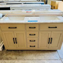 Brand New Bathroom Vanity in Beige Shaker “60” double sink, Soft Close Solid Wood, 4 drawers and 2 doors and modern handles with Marble Top in White  