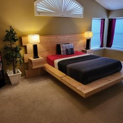 Solid Wood Floating Bed with Nightstands + Mattress Included – Ready for Stain or Paint