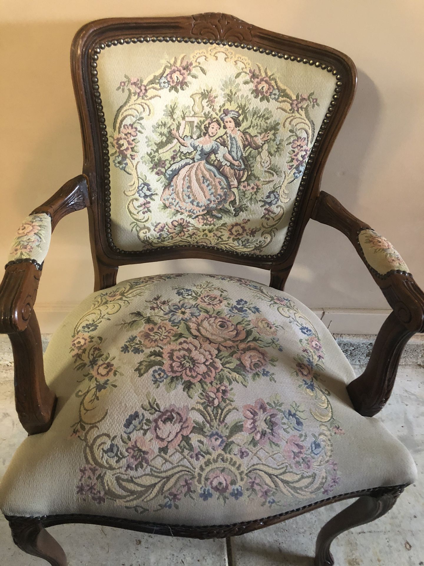 Vintage French Provincial Tapestry Ornate Carved Arm Chair