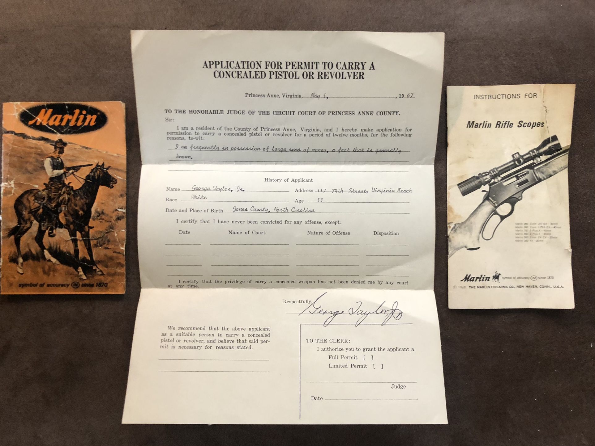 Vintage Marlin Booklets & Concealed Carry Application 1960s