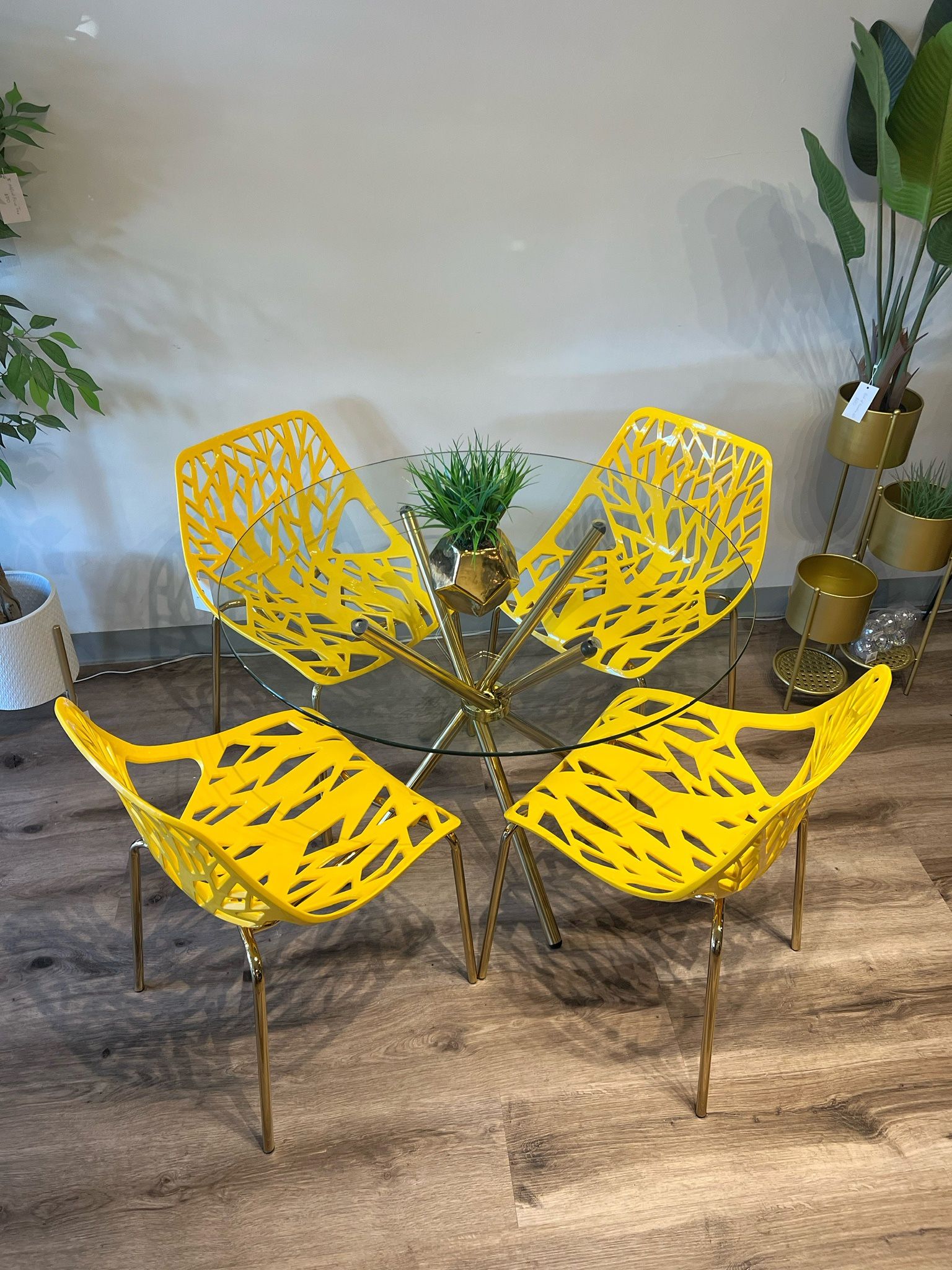 Modern Kitchen Glass Ghost Gold Circle Table Set For 4 People