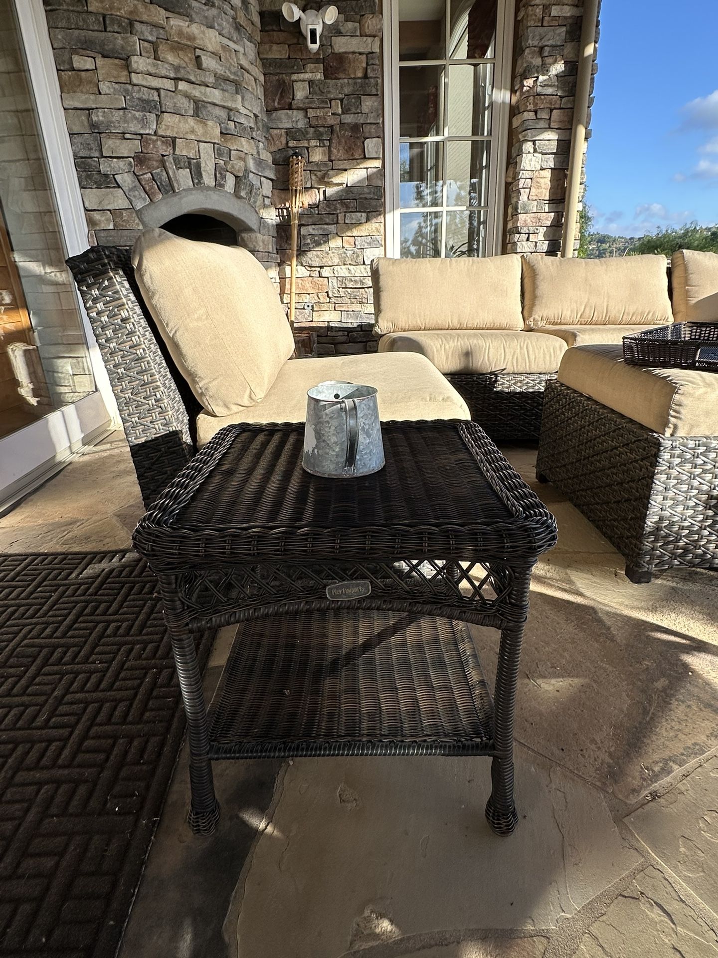 7 Piece Outdoor Patio Furniture Set With Sunbrella Fabric Cushions . Serving Tray Included. Good condition