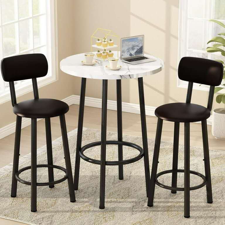3 Pieces Bar Table Set, Bistro Kitchen Table Sets with 2 PU Leather Bar Stools, Wood Pub Bar Table
