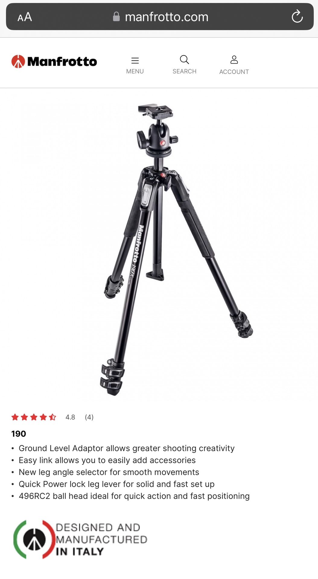 Manfrotto190X Kit Aluminum Section Tripod with 496RC2 Ball Head