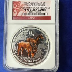2014P 1oz  NGC PF70 ULTRA CAMEO PERTH MINT YEAR OF THE HORSE COLORIZED SILVER COIN 