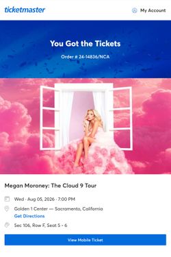 MEGAN MORONEY CONCERT TICKETS. WEDNESDAY, 8/5 7PM