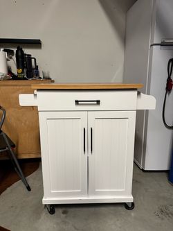 White Rolling Kitchen Cart / Island with Butcher Block Top – $30