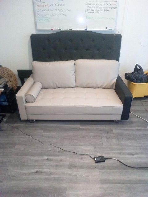 Light Beige Leather Couch Black Arm