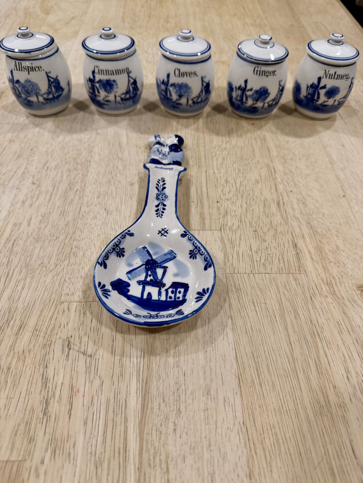π Vintage Blue & White Windmill Spice Jars & Solvang Spoon Rest Set π