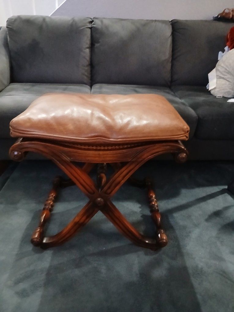 Wood Ottoman With Leather Pillow Top
