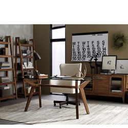 CRATE AND BARREL STRUT TEAK GLASS TABLE DESK