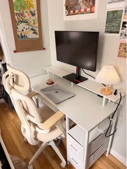White Desk with Monitor Shelf, Storage Drawers & Lamp — 47” x 55” | Great Condition
