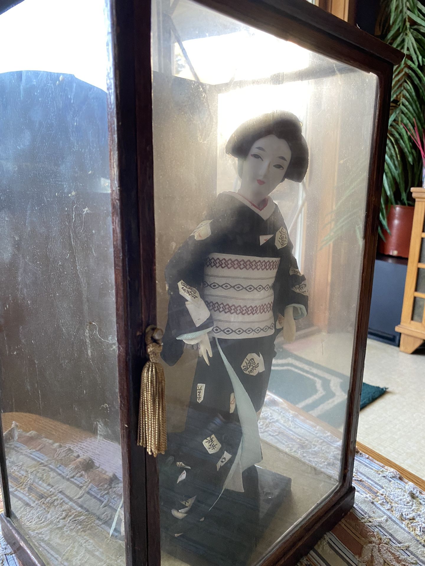 Japanese Geisha Doll 15” Tall In Glass Case, Mid Century