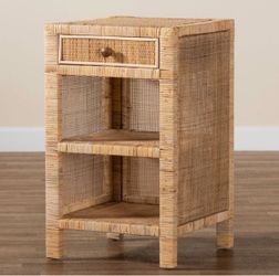 Bella Mahogany Wood and Natural Rattan 1 Drawer Nightstand Natural Brown - Baxton Studio
