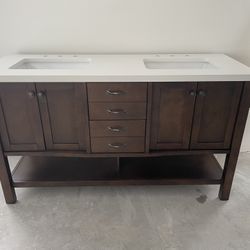 60-in Espresso Undermount Double Sink Bathroom Vanity with White Engineered Stone Top w/ Backsplash 