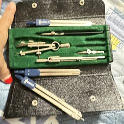 Vtg Compass 1853 Drafting Set Drawing Instruments Metal Templates & Case Germany
