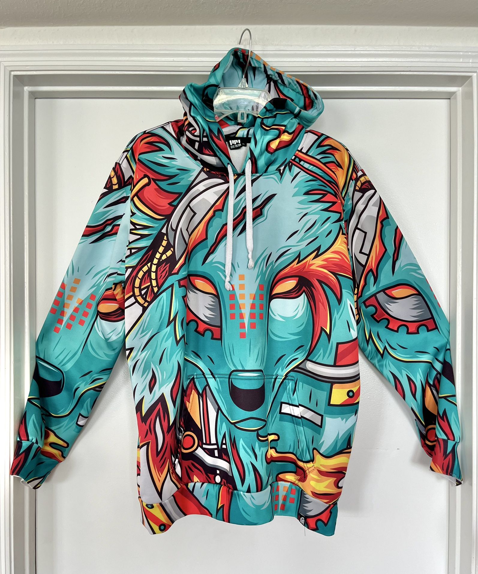 INTO THE AM Hoodie Mens L All Over Print Wolf Blue White Pullover DrawString