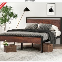 Queen Size Metal Platform Bed Frame with Wooden Headboard and Footboard