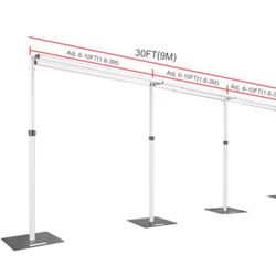 Backdrop pipe and drape with base plate adjustable height and width drape support system for events