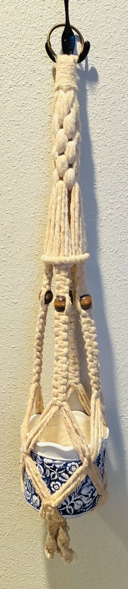 Woven Plant Hanger w/Beads and Ceramic Vase. 36” Tall.