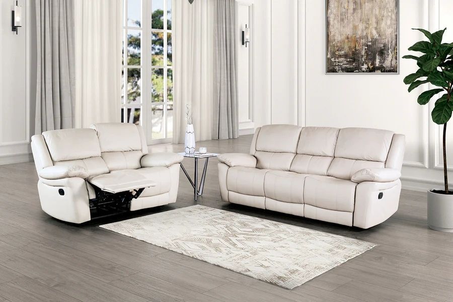Off White Genuine Leather Recliner Sofa Set