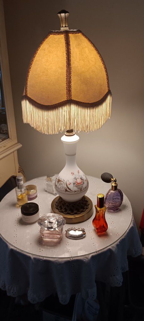 Antique Brass And Hand Painted Glass Lamp