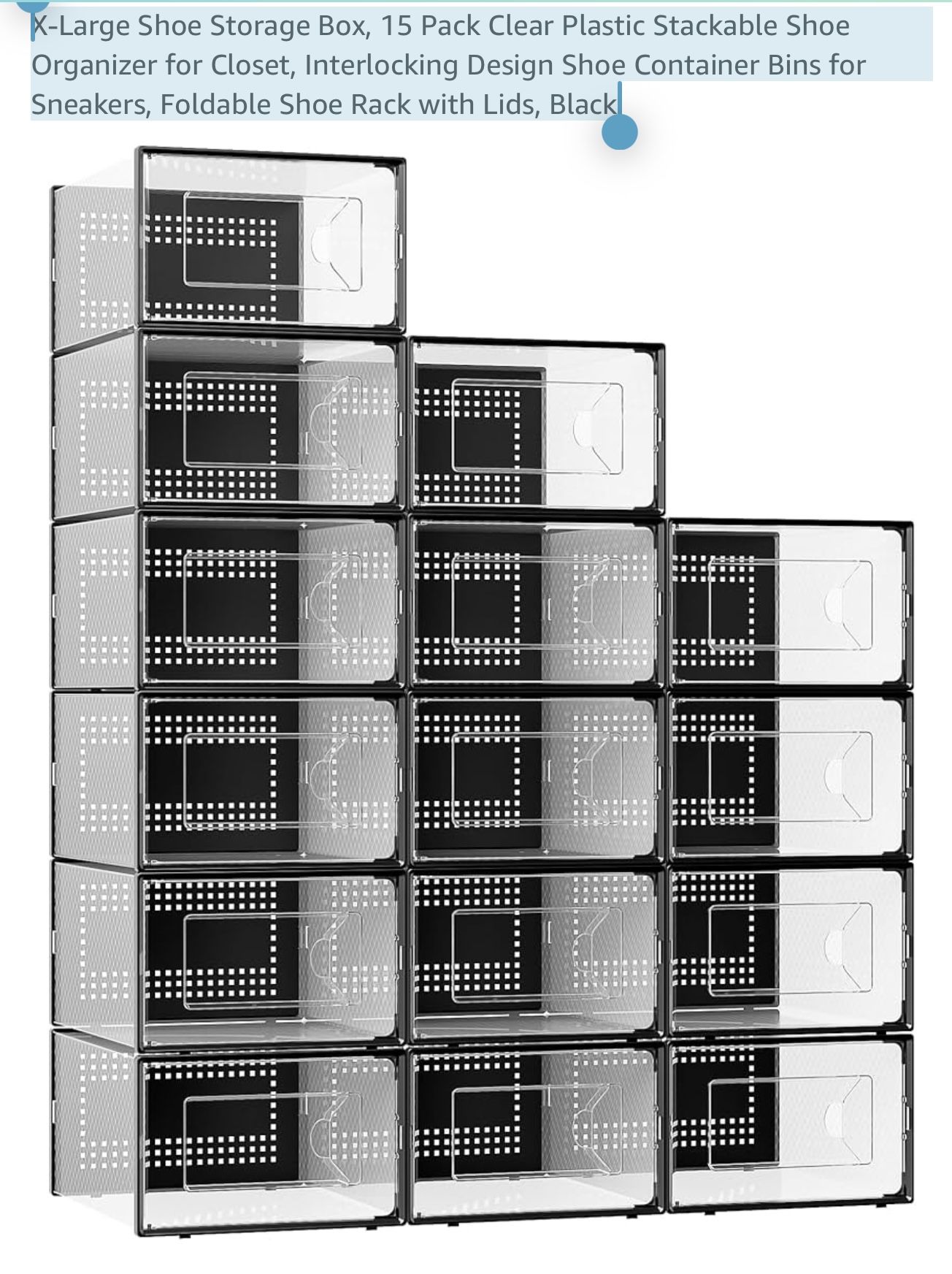 X-Large Shoe Storage Box, 15 Pack Clear Plastic Stackable Shoe Organizer for Closet, Interlocking Design Shoe Container Bins for Sneakers, Foldable Sh