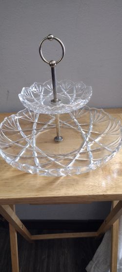 Vintage Cristal 2 Tier Tray With metal Carrier