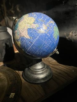Rotating Globe with Wooden Base & Metal Arc, Vintage Educational Decor