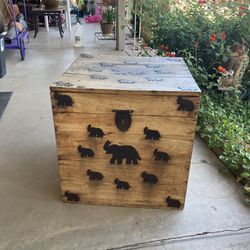 Rustic Wood Storage Box With Elephants