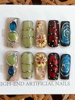 medium square 3d flower silver chrome playful design press on nails