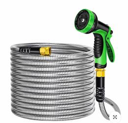LOVFEN Garden Hose 100ft X 5/8", 304 Stainless Steel Metal Water Hose, No Kink Garden Water Hose With 10 Pattern Spray Nozzle, Flexible, Lightweight, 