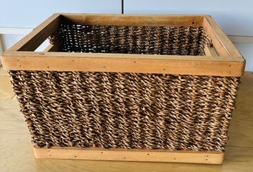 Woven Basket w/Wood, Heavy, Rectangular 11” X15” X 8 1/2” Tall.