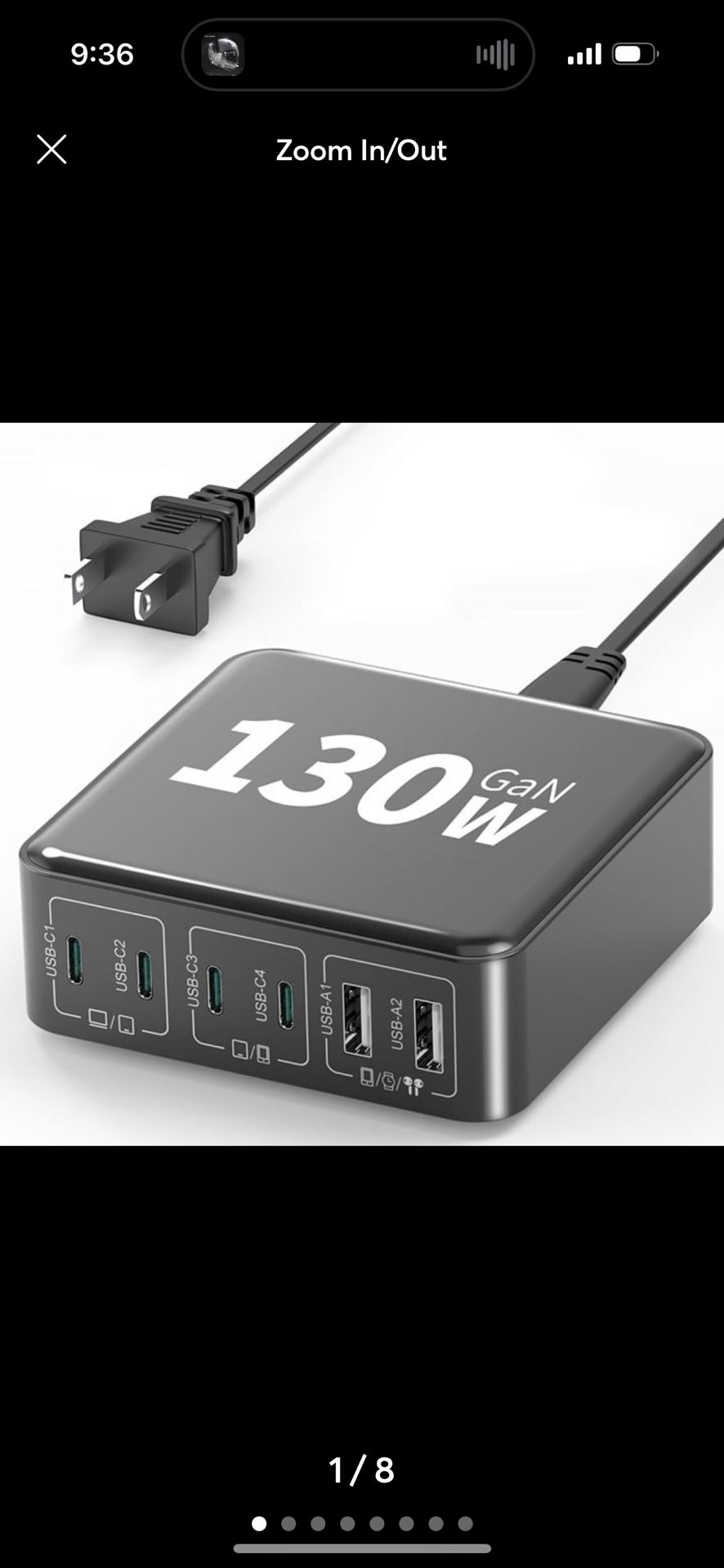 130W 6 Port USB Wall Charger Station Fast Portable Charger (2 USB C & 4 USB A)